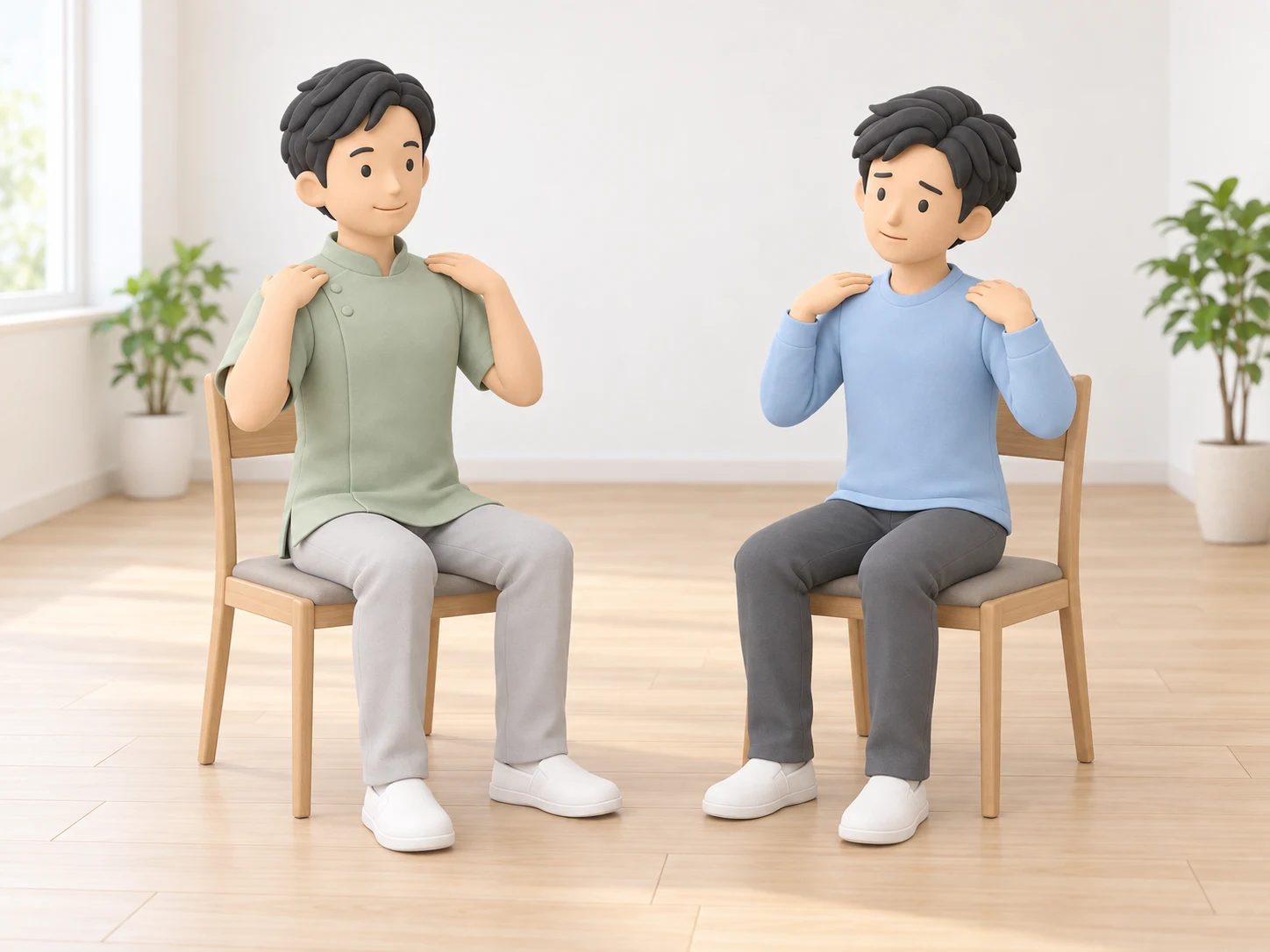 座ってセルフケアを確認する場面