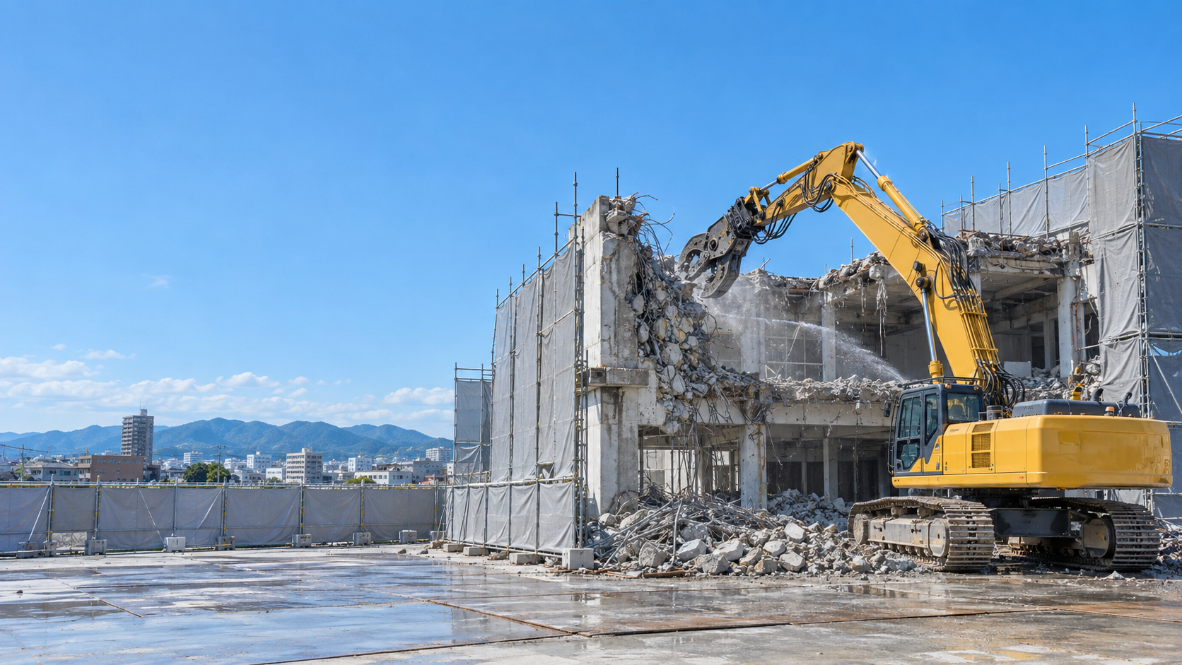 青空の下、鉄筋コンクリート建物の解体に取り組む大型重機